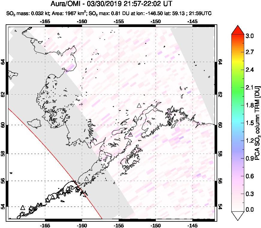 A sulfur dioxide image over Alaska, USA on Mar 30, 2019.