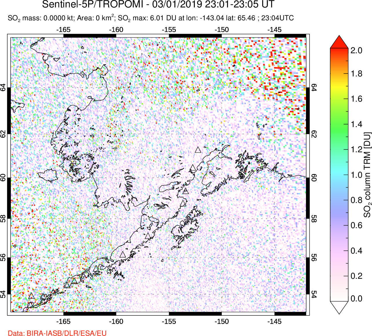 A sulfur dioxide image over Alaska, USA on Mar 01, 2019.