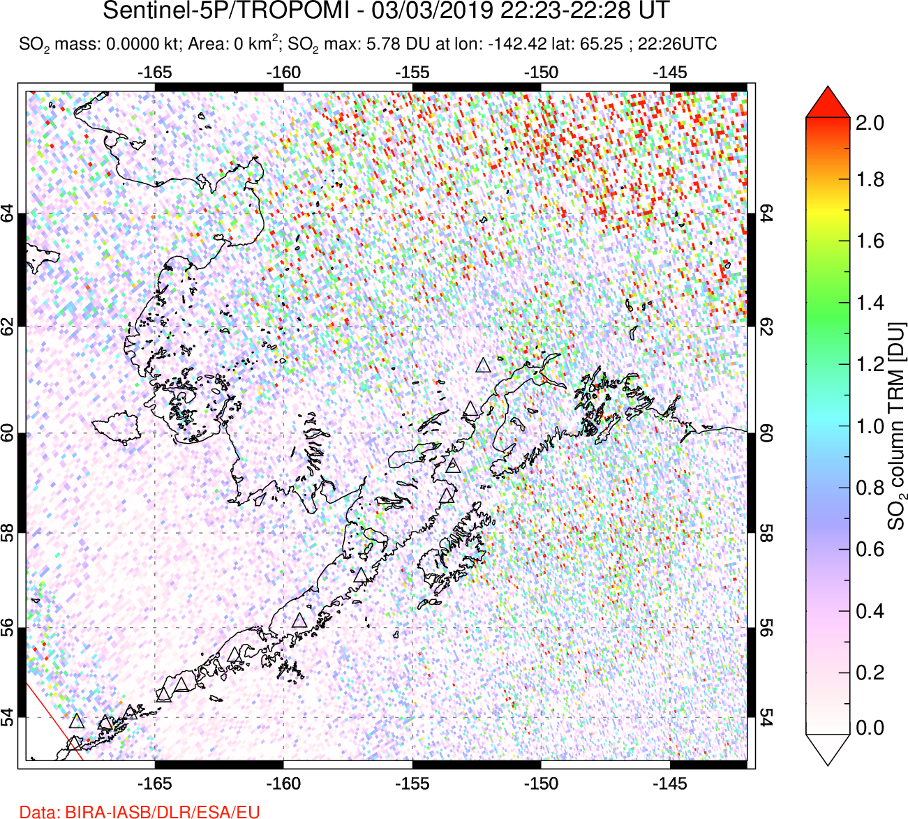 A sulfur dioxide image over Alaska, USA on Mar 03, 2019.