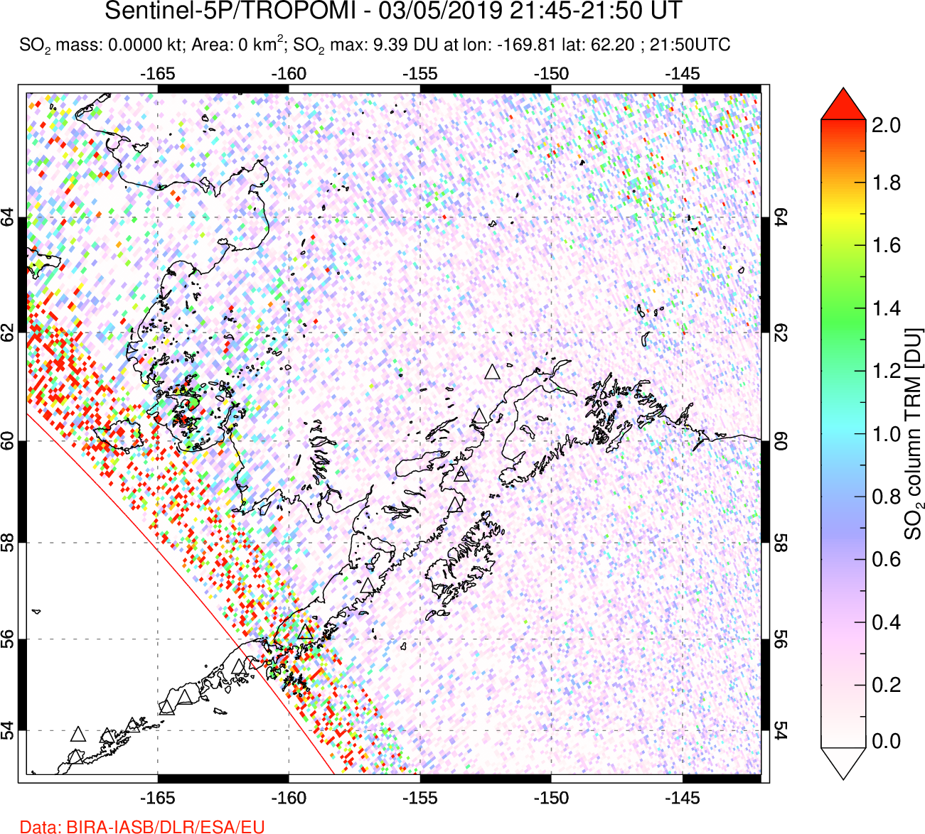 A sulfur dioxide image over Alaska, USA on Mar 05, 2019.