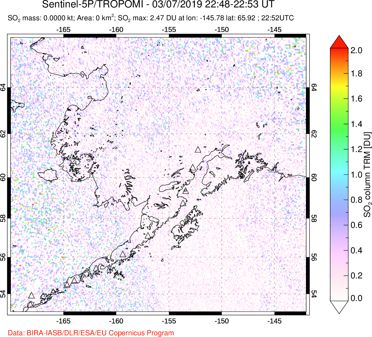 A sulfur dioxide image over Alaska, USA on Mar 07, 2019.