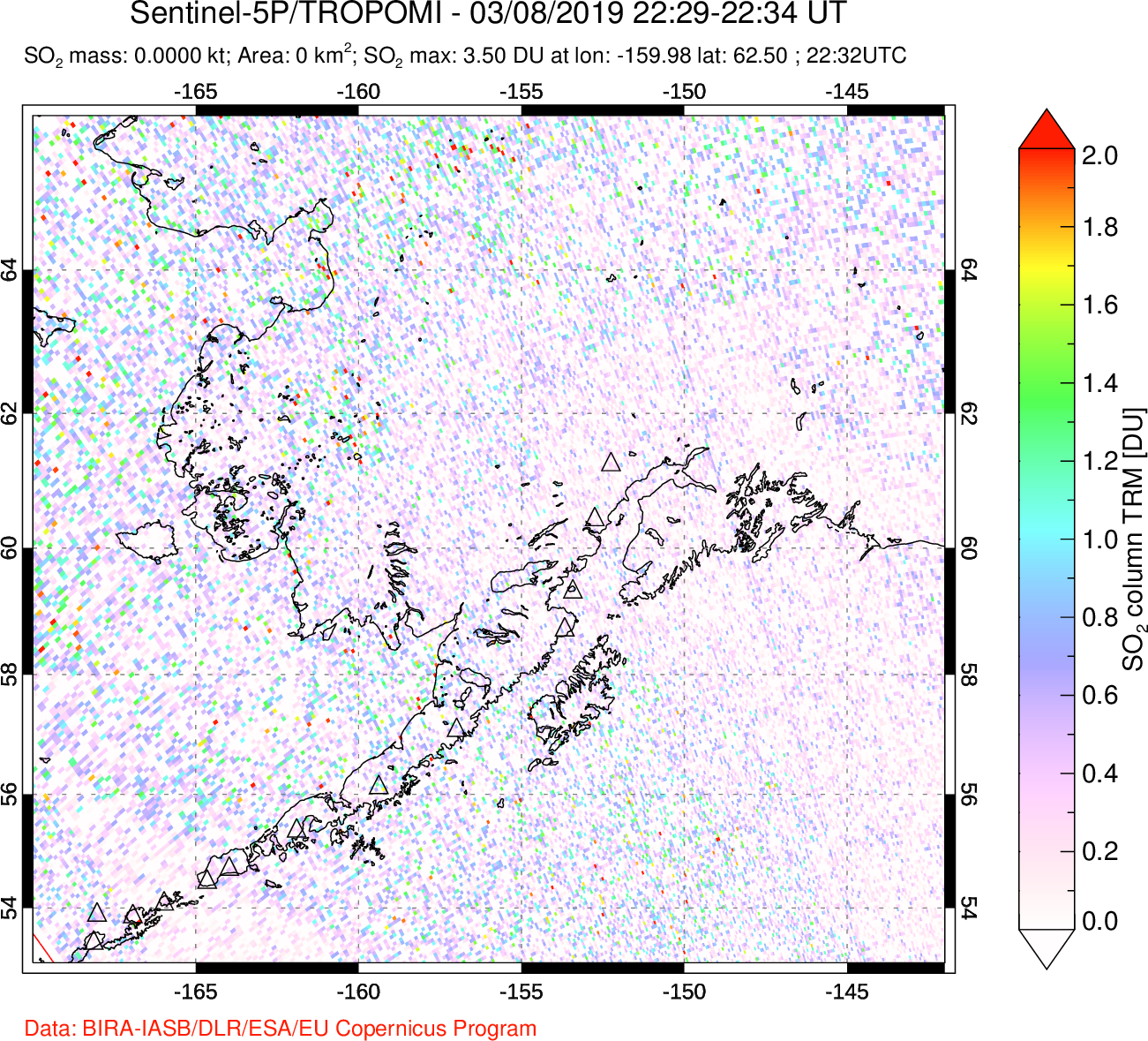 A sulfur dioxide image over Alaska, USA on Mar 08, 2019.