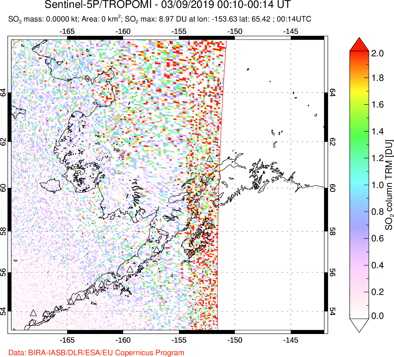 A sulfur dioxide image over Alaska, USA on Mar 09, 2019.