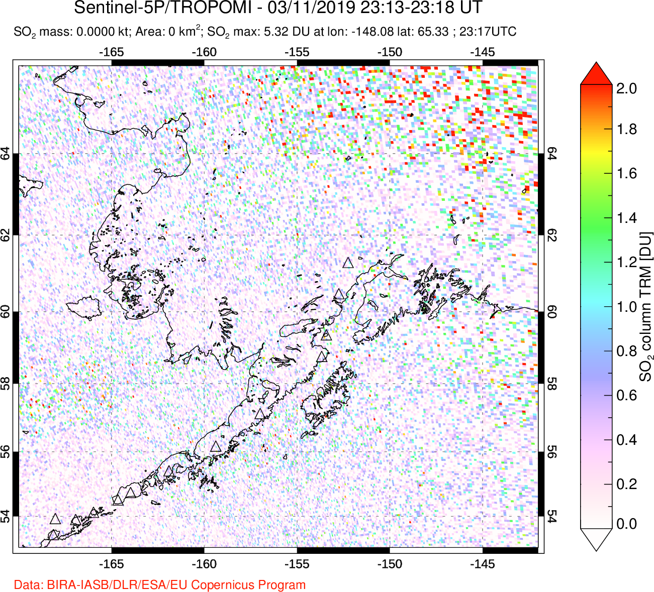 A sulfur dioxide image over Alaska, USA on Mar 11, 2019.