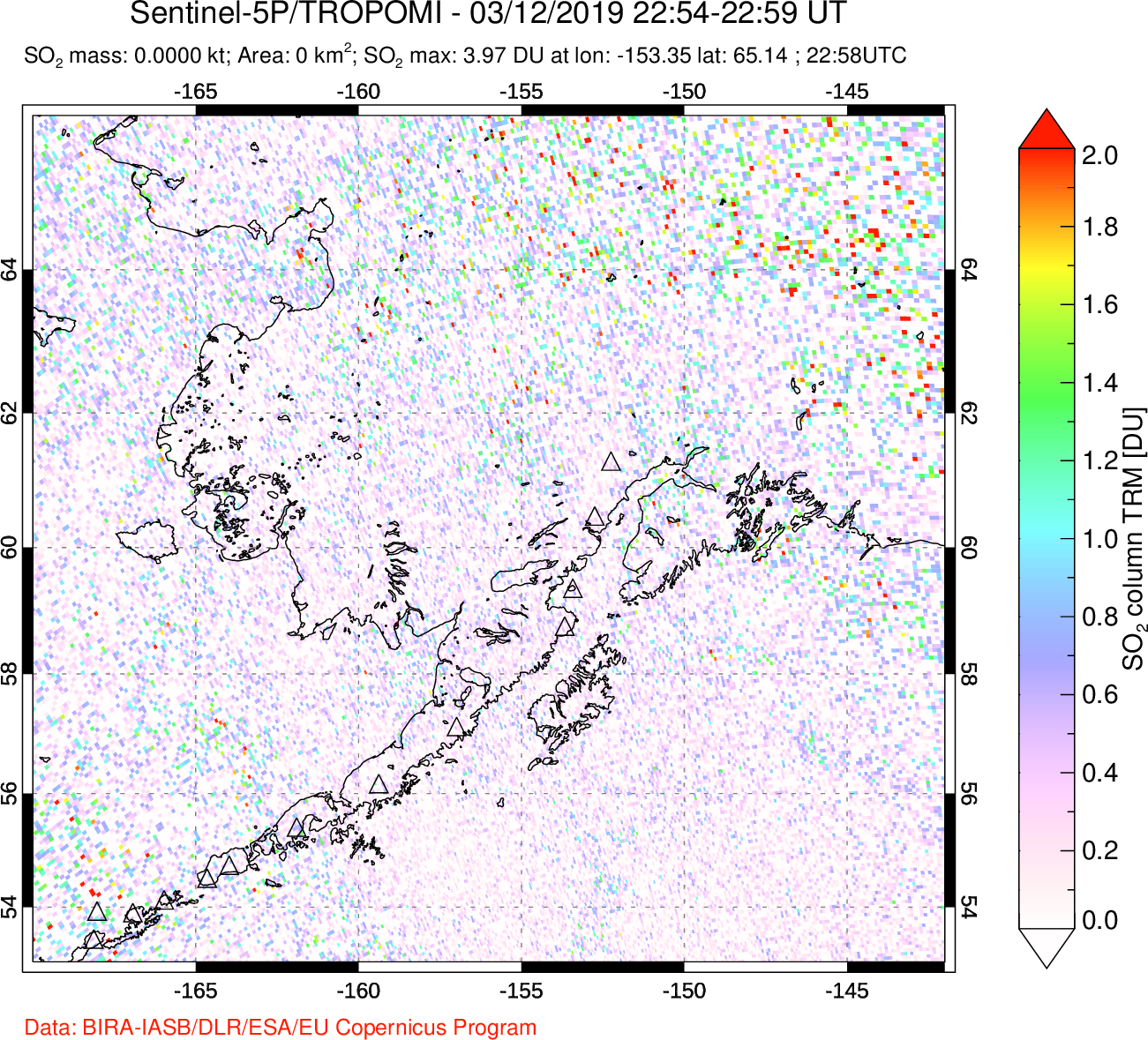 A sulfur dioxide image over Alaska, USA on Mar 12, 2019.