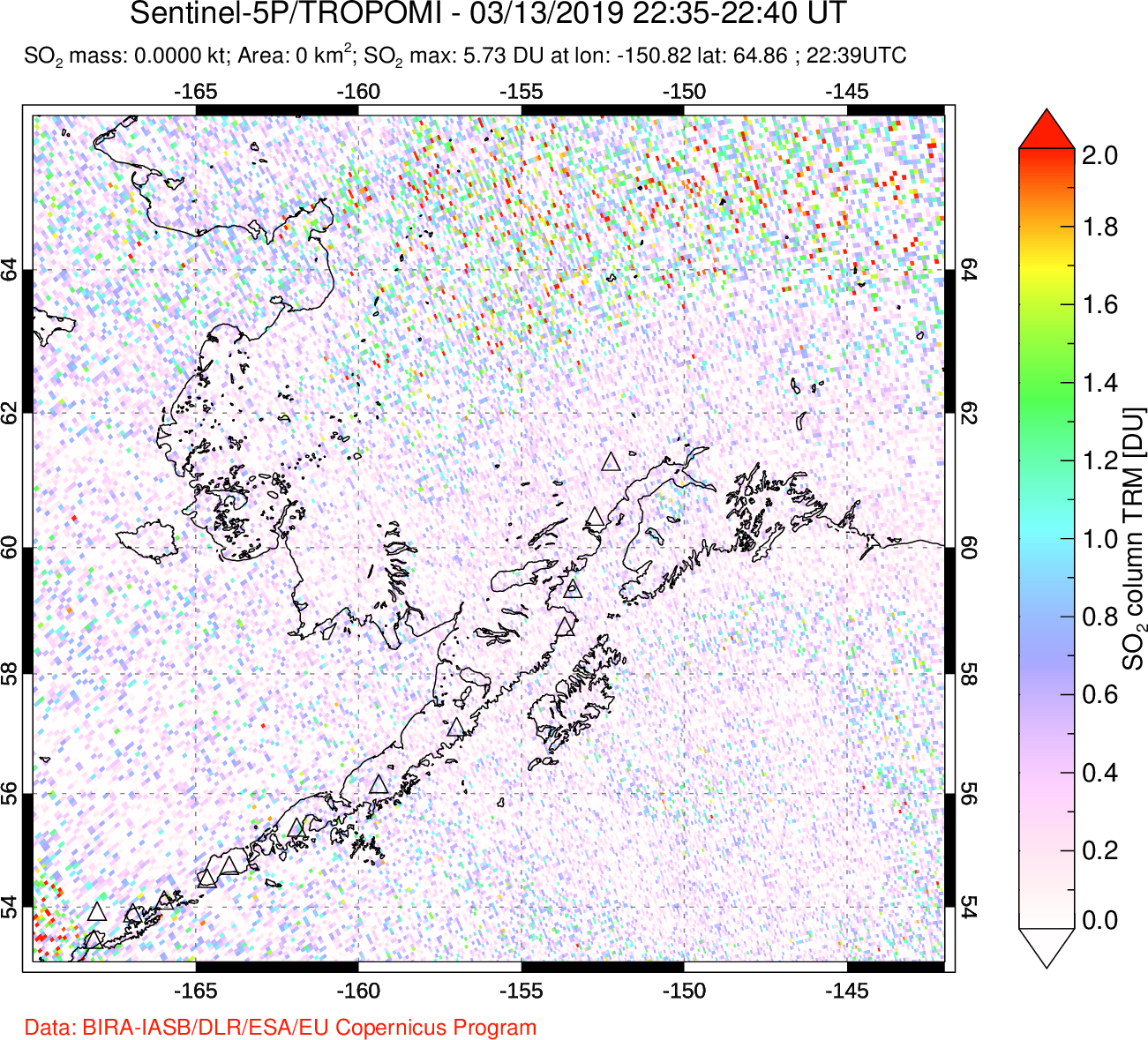 A sulfur dioxide image over Alaska, USA on Mar 13, 2019.