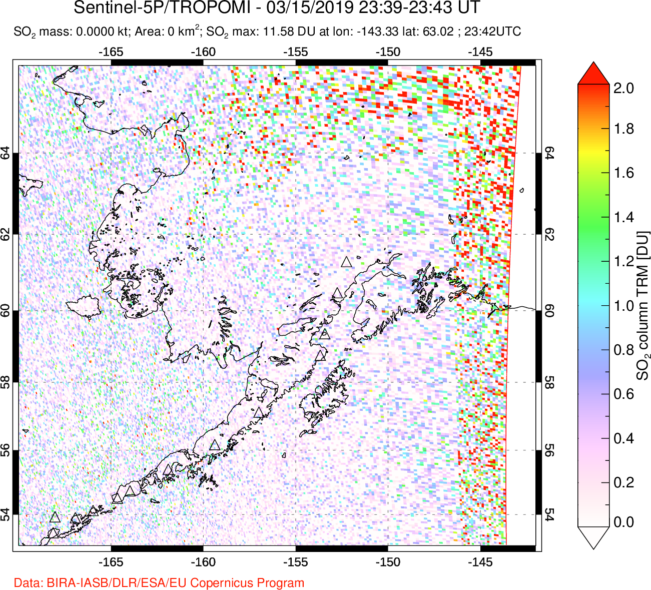 A sulfur dioxide image over Alaska, USA on Mar 15, 2019.
