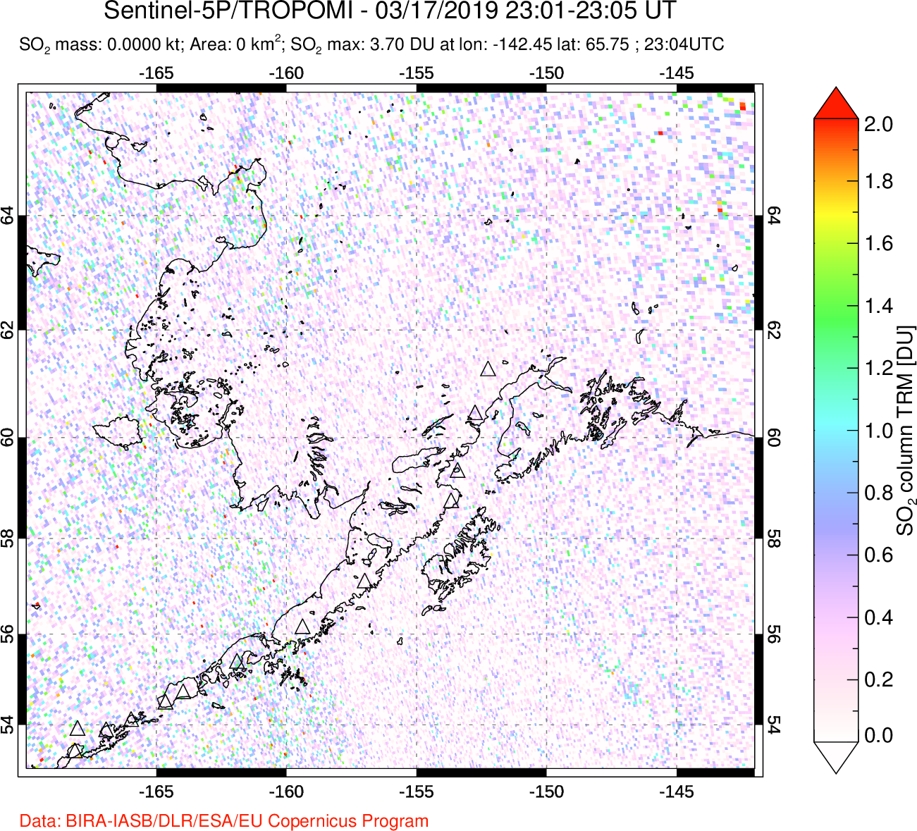 A sulfur dioxide image over Alaska, USA on Mar 17, 2019.
