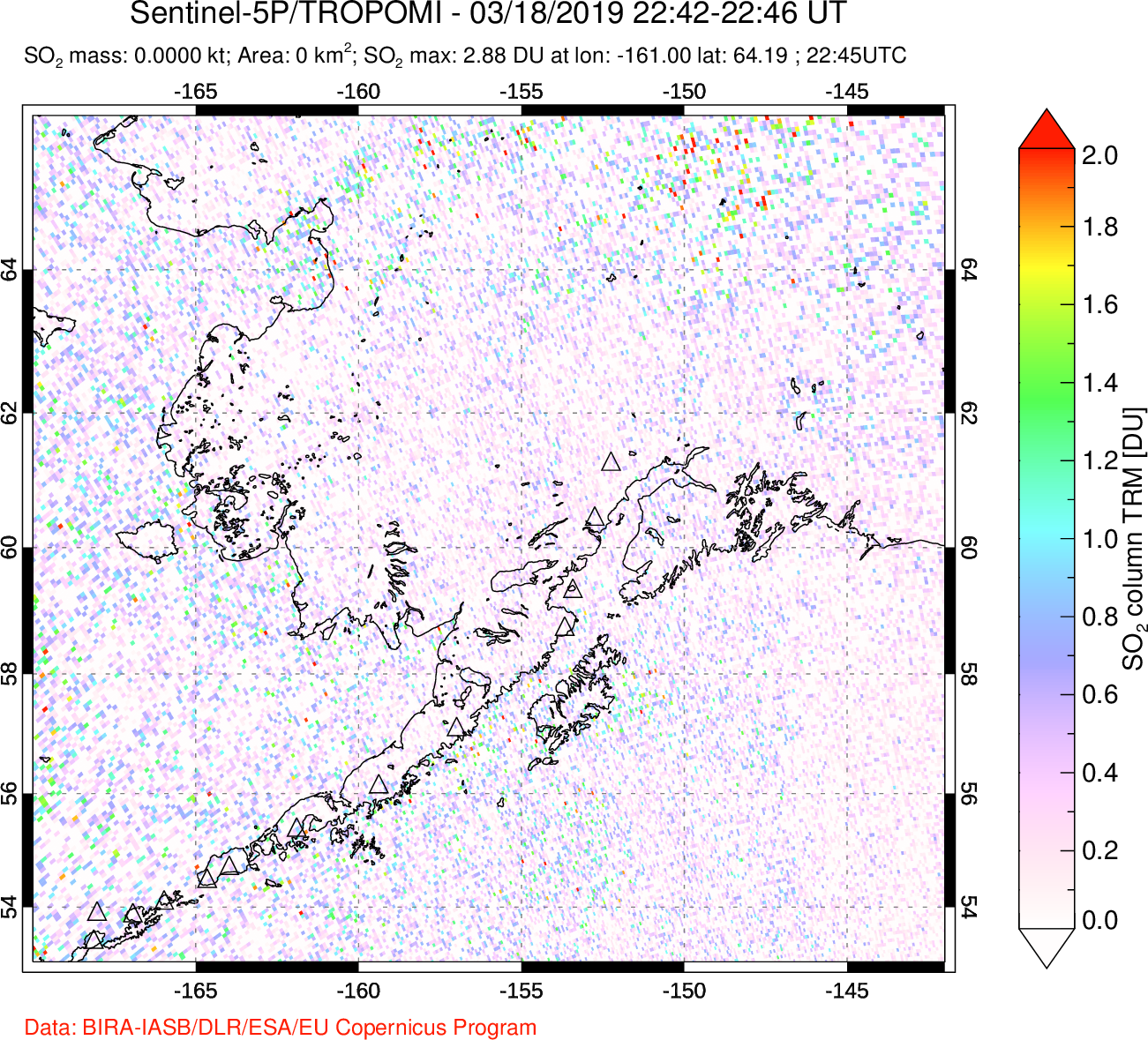 A sulfur dioxide image over Alaska, USA on Mar 18, 2019.