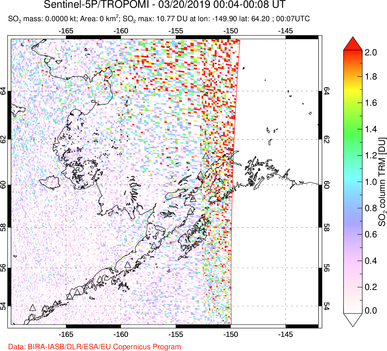A sulfur dioxide image over Alaska, USA on Mar 20, 2019.