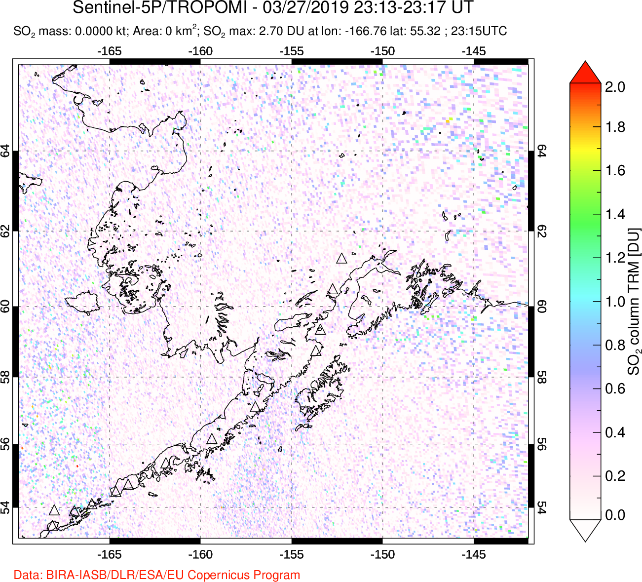 A sulfur dioxide image over Alaska, USA on Mar 27, 2019.