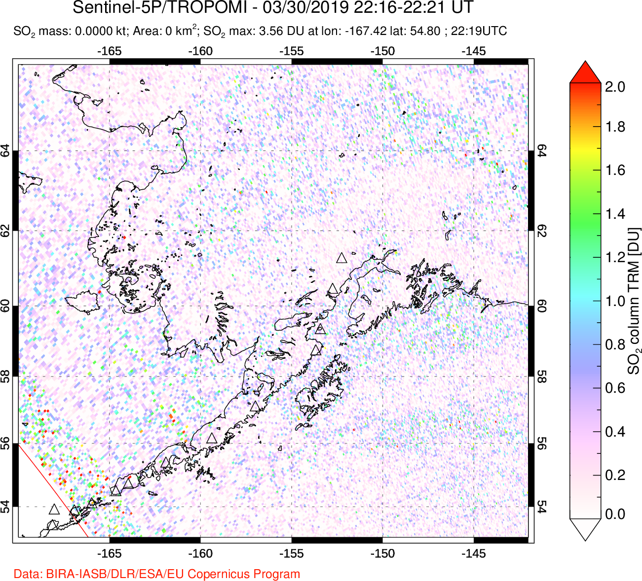 A sulfur dioxide image over Alaska, USA on Mar 30, 2019.
