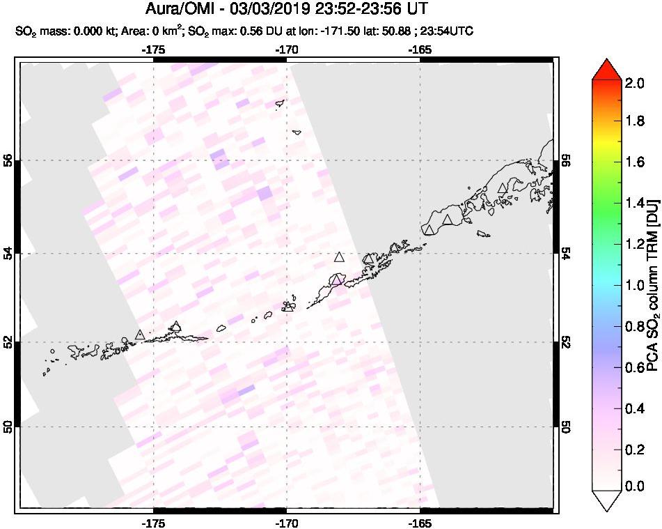 A sulfur dioxide image over Aleutian Islands, Alaska, USA on Mar 03, 2019.