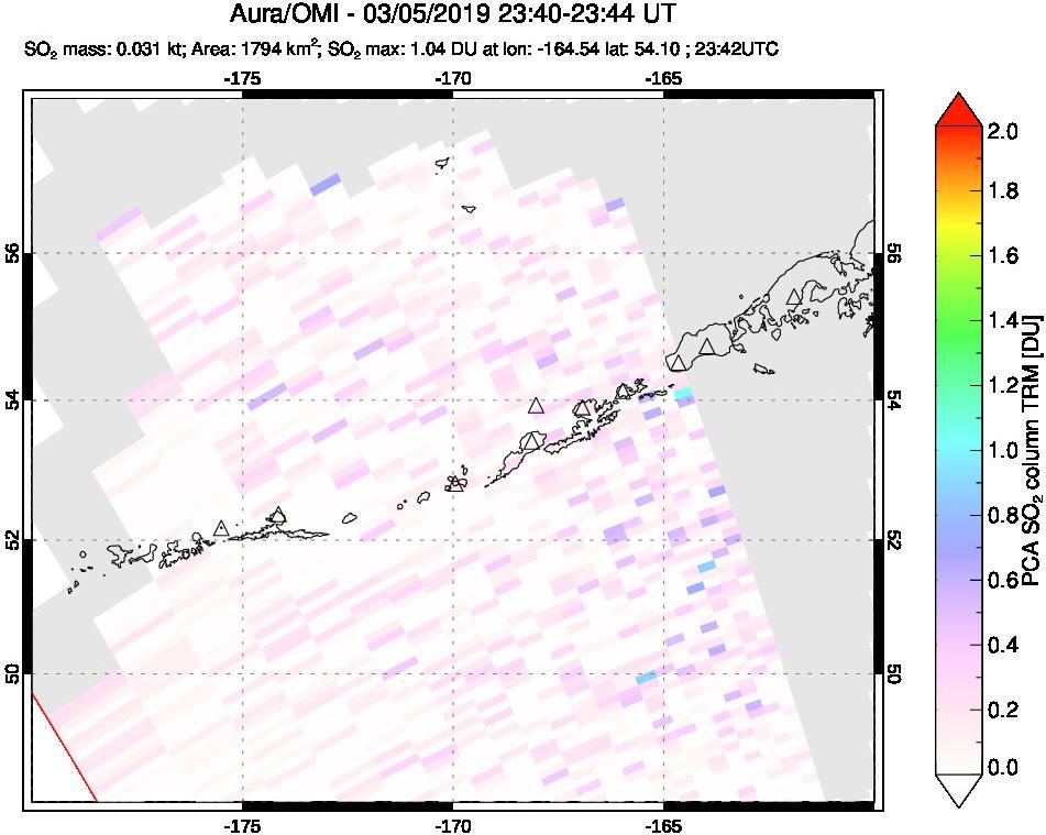 A sulfur dioxide image over Aleutian Islands, Alaska, USA on Mar 05, 2019.