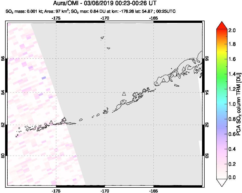 A sulfur dioxide image over Aleutian Islands, Alaska, USA on Mar 06, 2019.