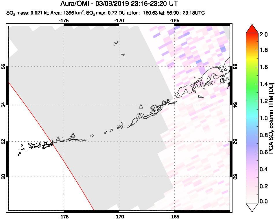 A sulfur dioxide image over Aleutian Islands, Alaska, USA on Mar 09, 2019.