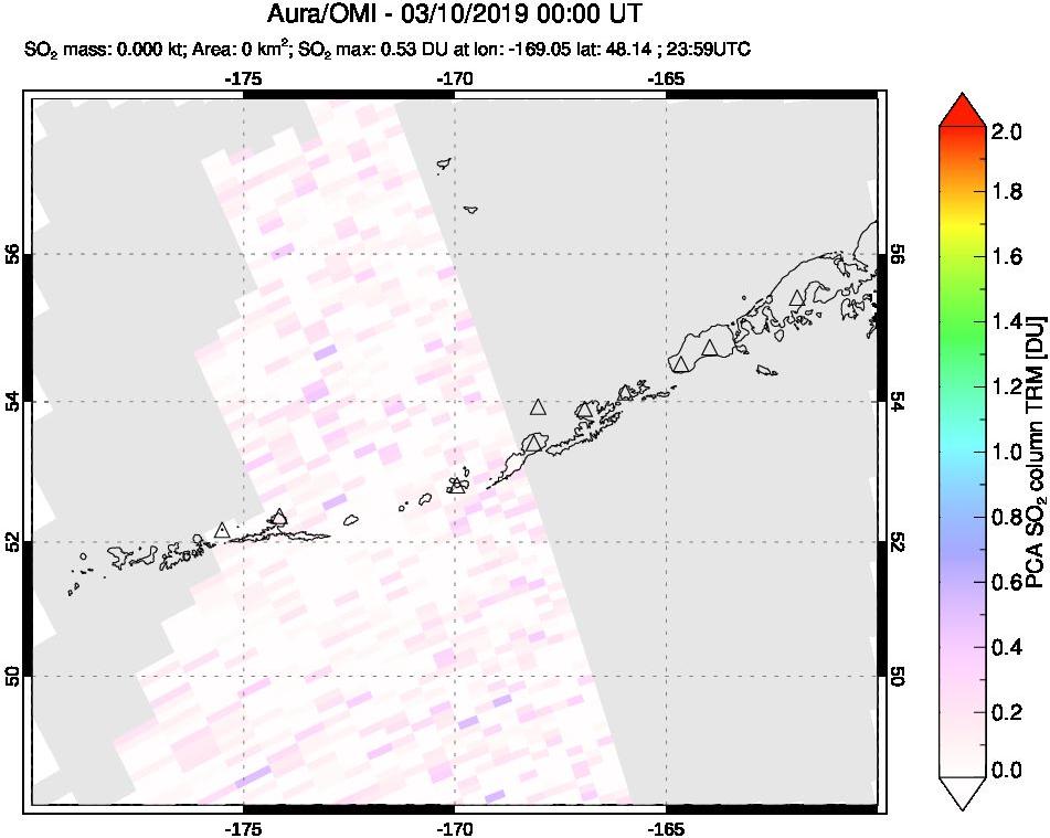A sulfur dioxide image over Aleutian Islands, Alaska, USA on Mar 10, 2019.