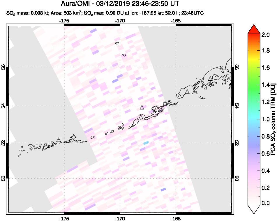 A sulfur dioxide image over Aleutian Islands, Alaska, USA on Mar 12, 2019.