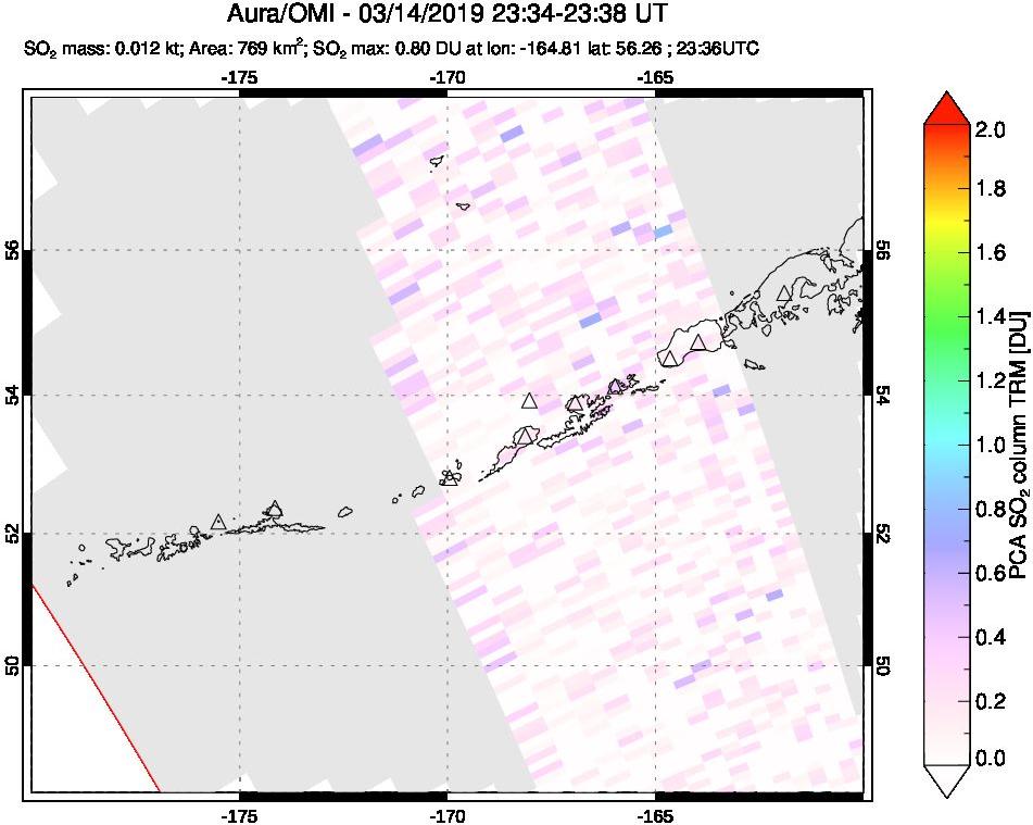 A sulfur dioxide image over Aleutian Islands, Alaska, USA on Mar 14, 2019.