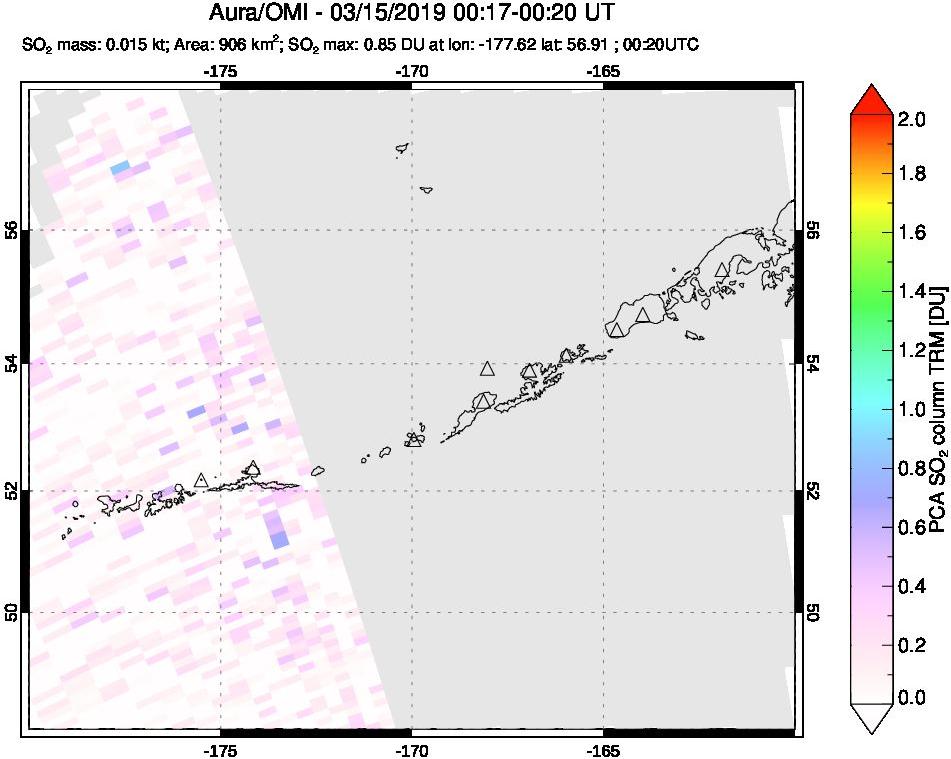 A sulfur dioxide image over Aleutian Islands, Alaska, USA on Mar 15, 2019.
