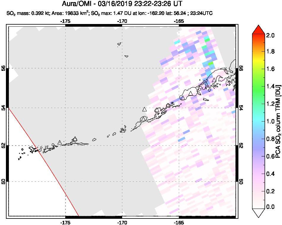 A sulfur dioxide image over Aleutian Islands, Alaska, USA on Mar 16, 2019.