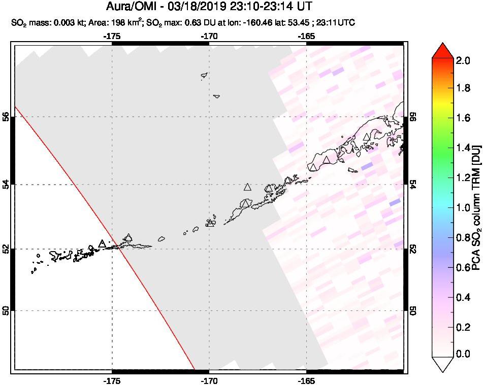 A sulfur dioxide image over Aleutian Islands, Alaska, USA on Mar 18, 2019.