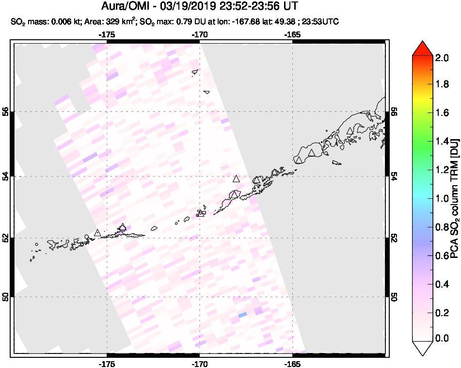 A sulfur dioxide image over Aleutian Islands, Alaska, USA on Mar 19, 2019.