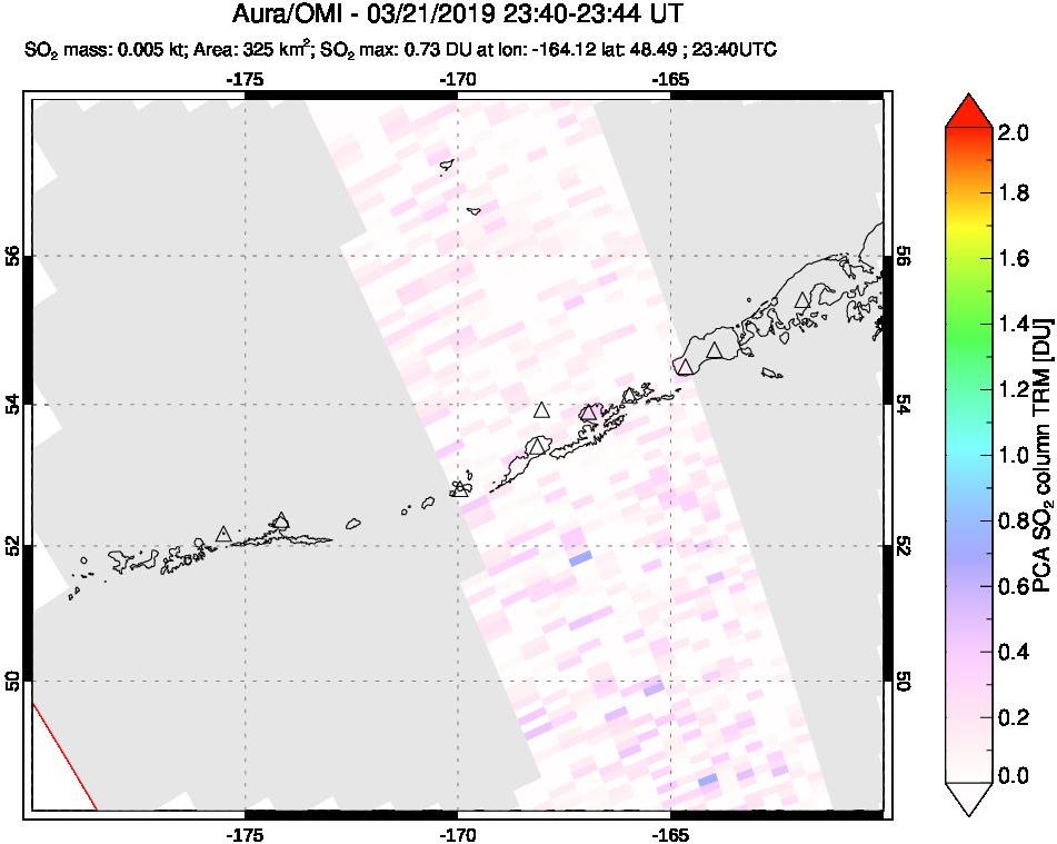 A sulfur dioxide image over Aleutian Islands, Alaska, USA on Mar 21, 2019.