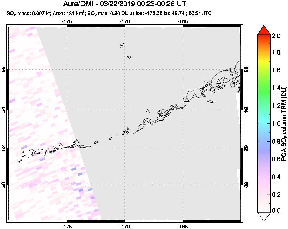 A sulfur dioxide image over Aleutian Islands, Alaska, USA on Mar 22, 2019.