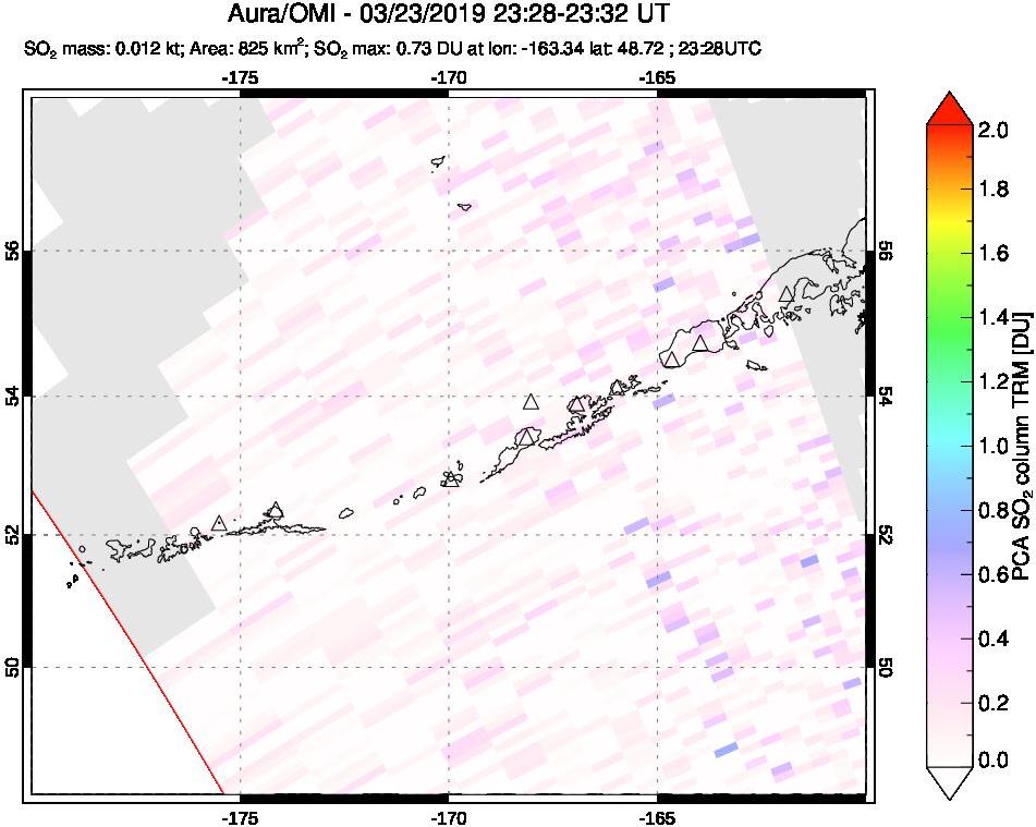 A sulfur dioxide image over Aleutian Islands, Alaska, USA on Mar 23, 2019.