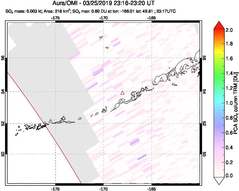 A sulfur dioxide image over Aleutian Islands, Alaska, USA on Mar 25, 2019.