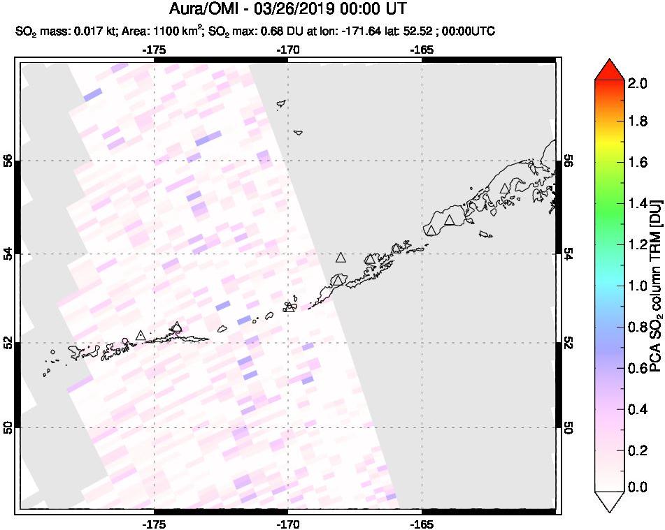 A sulfur dioxide image over Aleutian Islands, Alaska, USA on Mar 26, 2019.