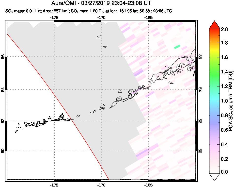 A sulfur dioxide image over Aleutian Islands, Alaska, USA on Mar 27, 2019.