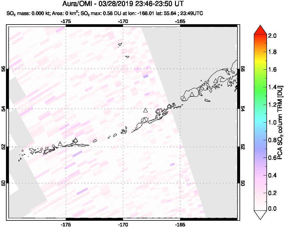 A sulfur dioxide image over Aleutian Islands, Alaska, USA on Mar 28, 2019.
