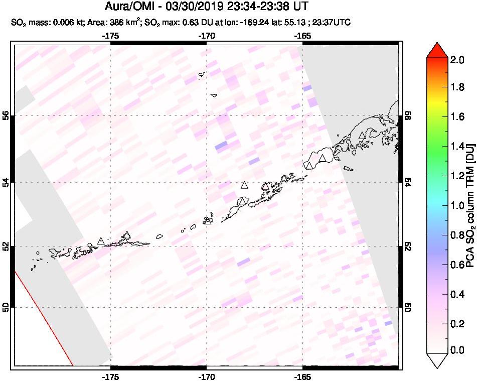 A sulfur dioxide image over Aleutian Islands, Alaska, USA on Mar 30, 2019.