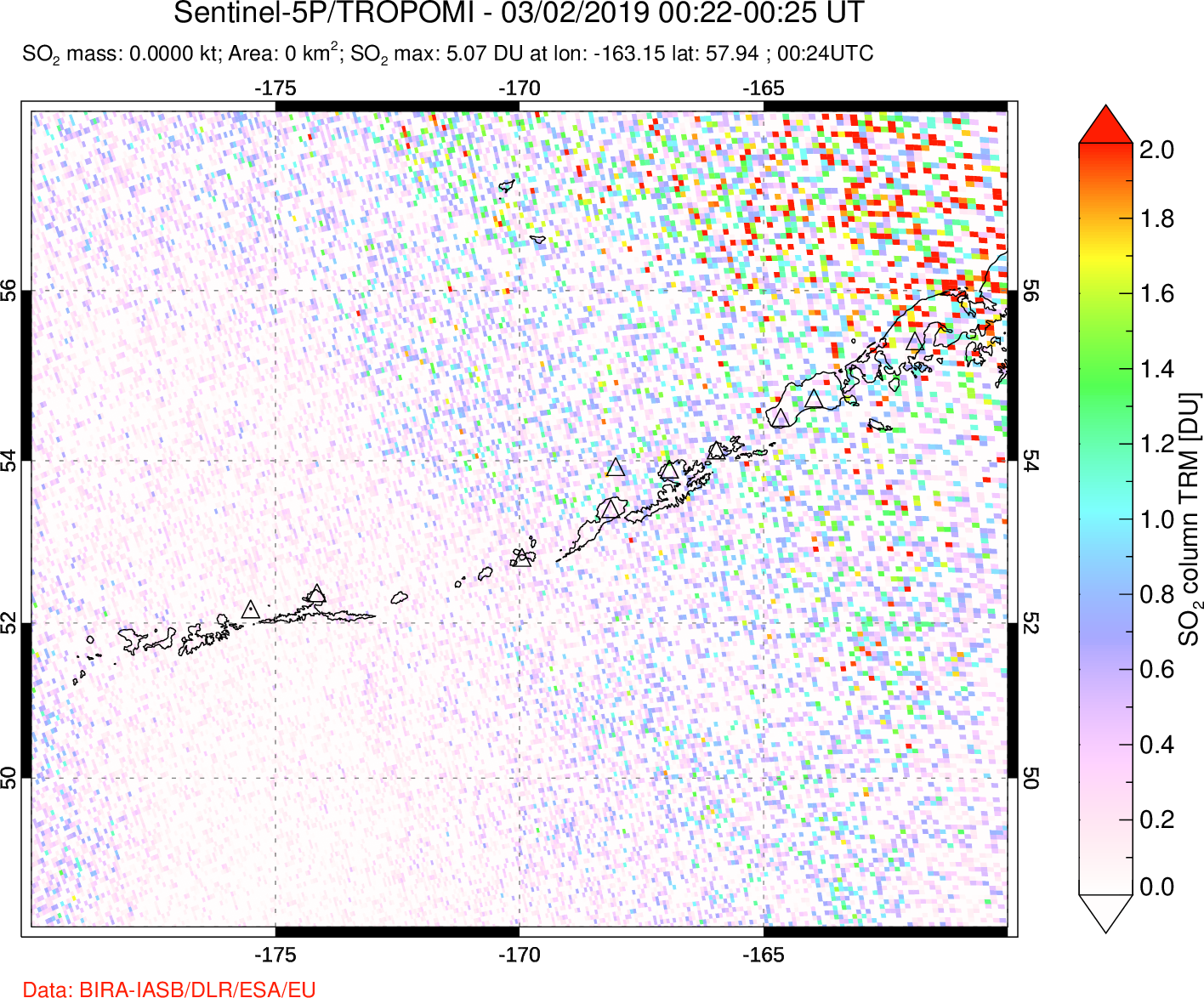 A sulfur dioxide image over Aleutian Islands, Alaska, USA on Mar 02, 2019.