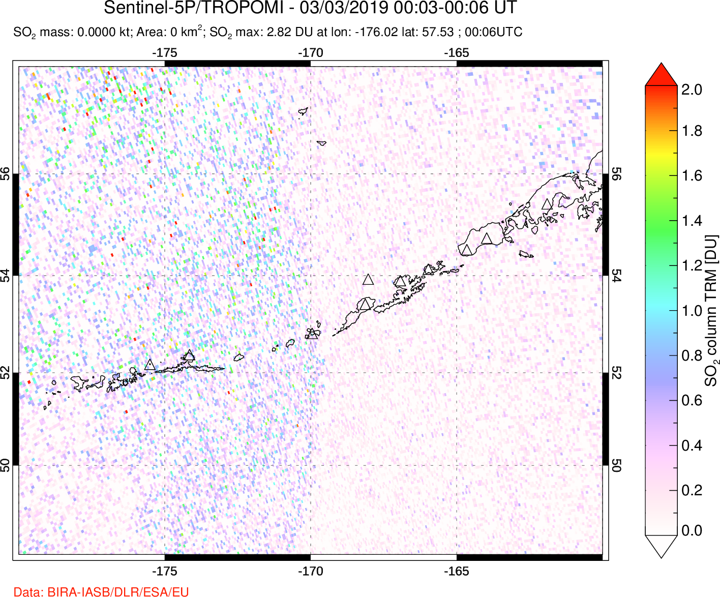 A sulfur dioxide image over Aleutian Islands, Alaska, USA on Mar 03, 2019.