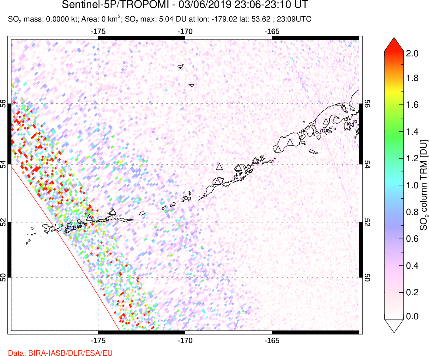 A sulfur dioxide image over Aleutian Islands, Alaska, USA on Mar 06, 2019.