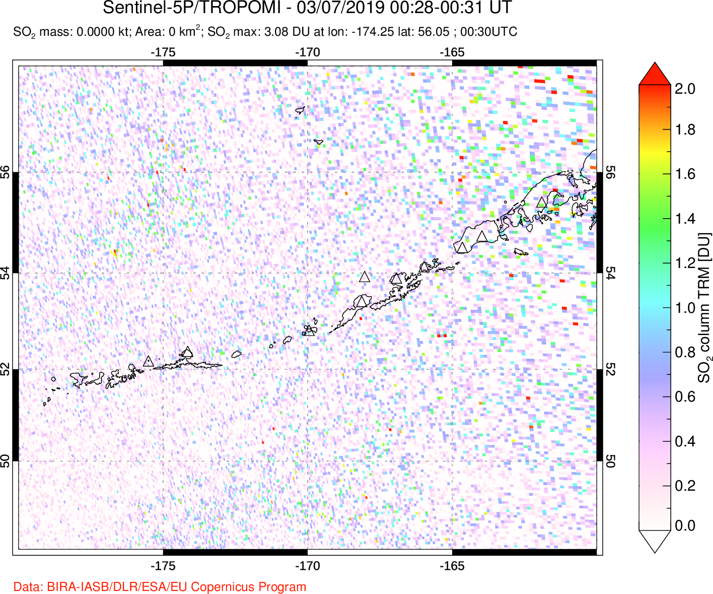 A sulfur dioxide image over Aleutian Islands, Alaska, USA on Mar 07, 2019.