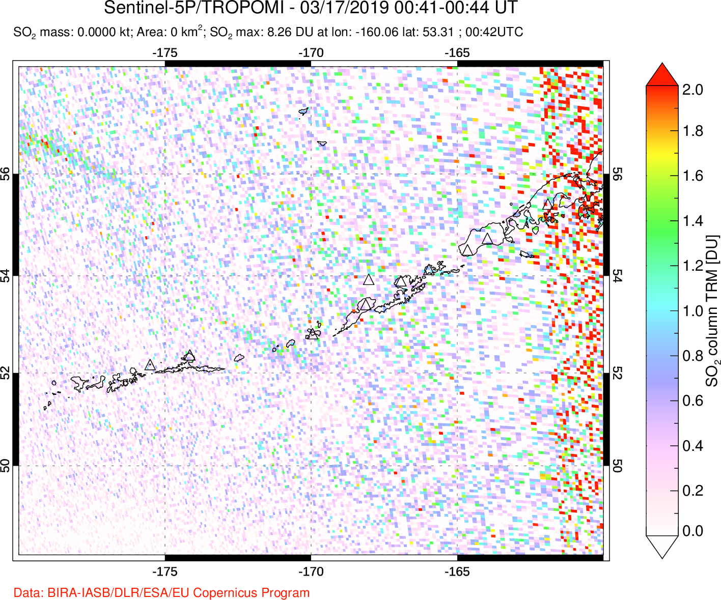 A sulfur dioxide image over Aleutian Islands, Alaska, USA on Mar 17, 2019.