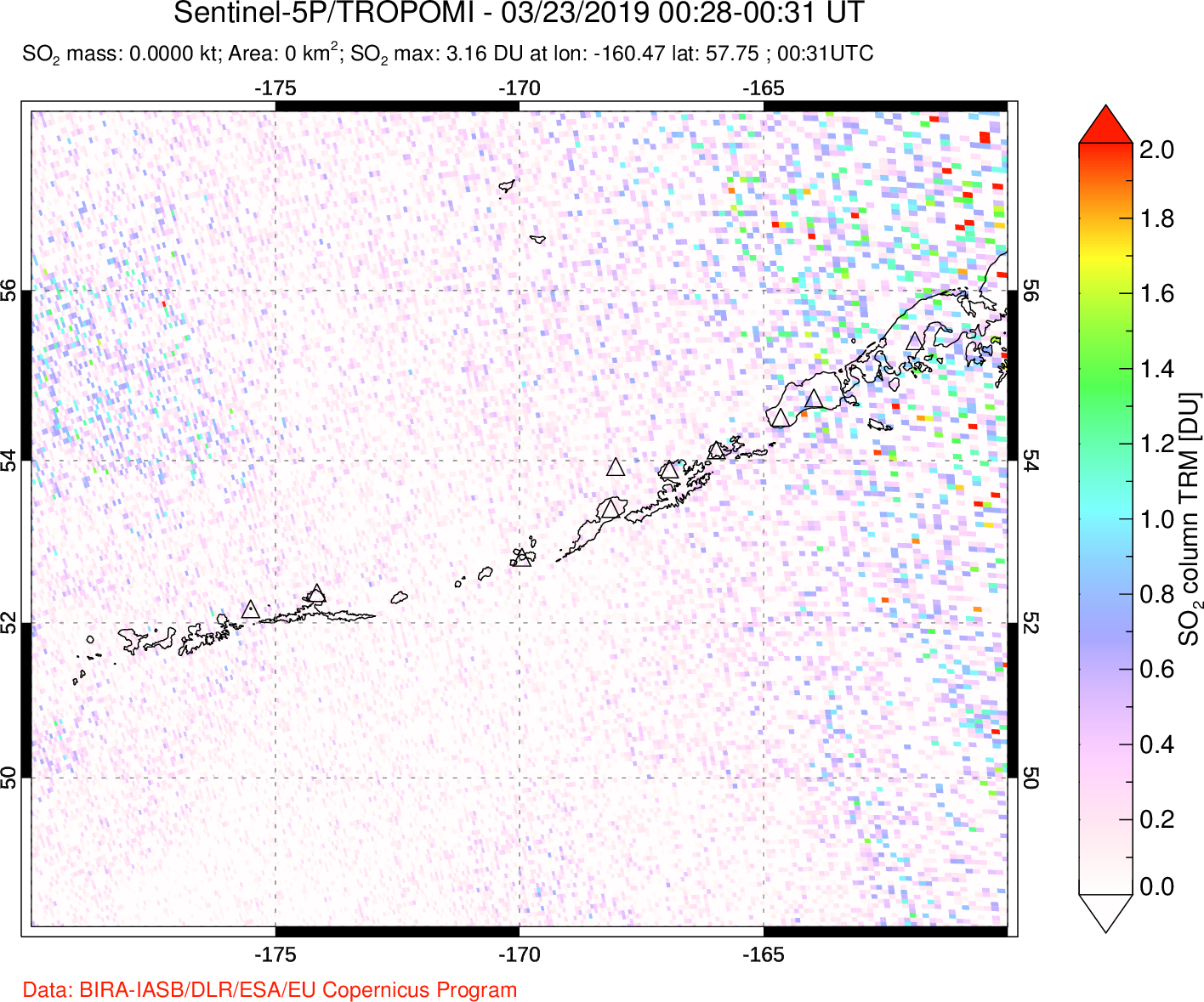 A sulfur dioxide image over Aleutian Islands, Alaska, USA on Mar 23, 2019.