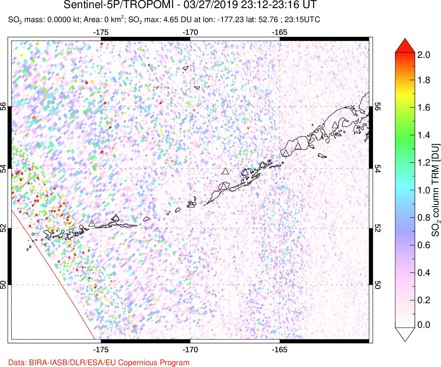 A sulfur dioxide image over Aleutian Islands, Alaska, USA on Mar 27, 2019.