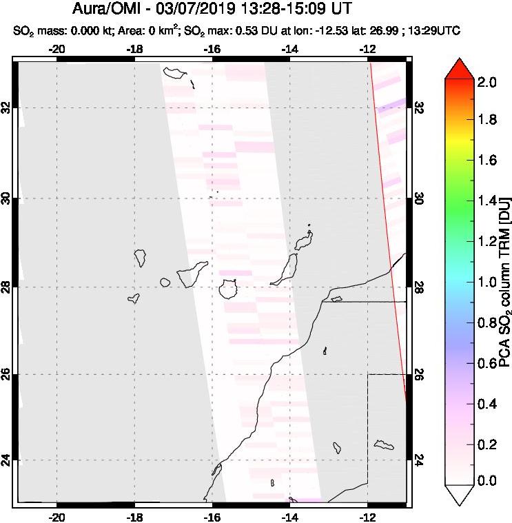 A sulfur dioxide image over Canary Islands on Mar 07, 2019.