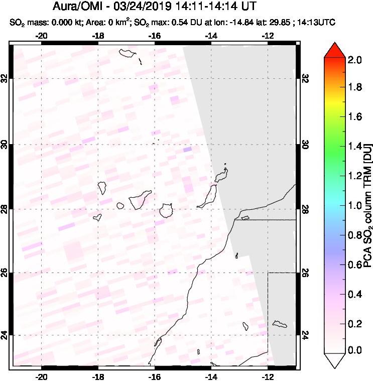 A sulfur dioxide image over Canary Islands on Mar 24, 2019.