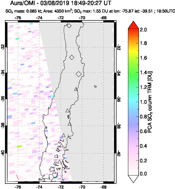 A sulfur dioxide image over Central Chile on Mar 08, 2019.