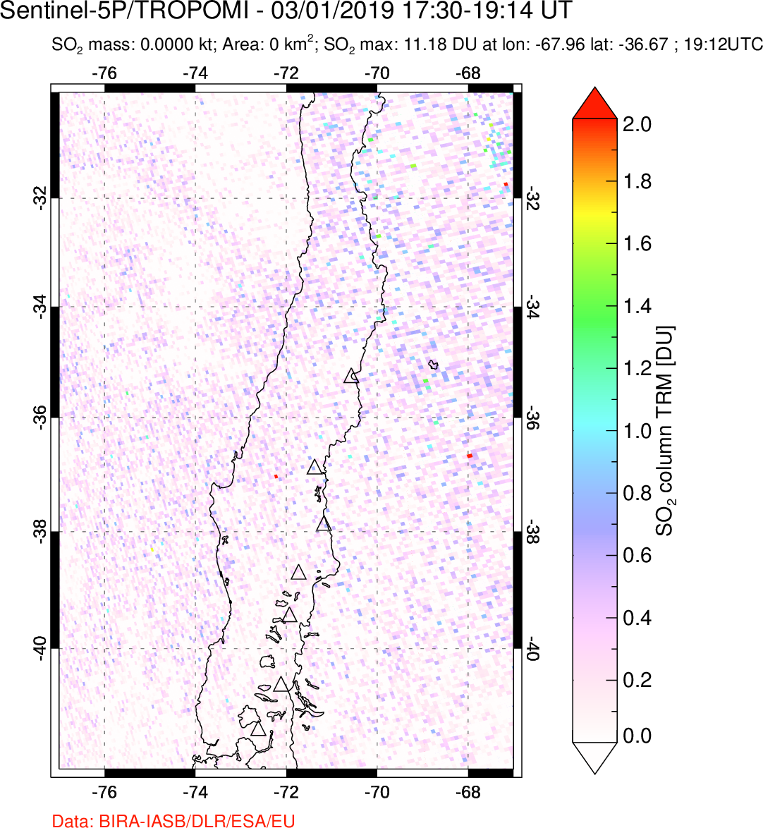 A sulfur dioxide image over Central Chile on Mar 01, 2019.