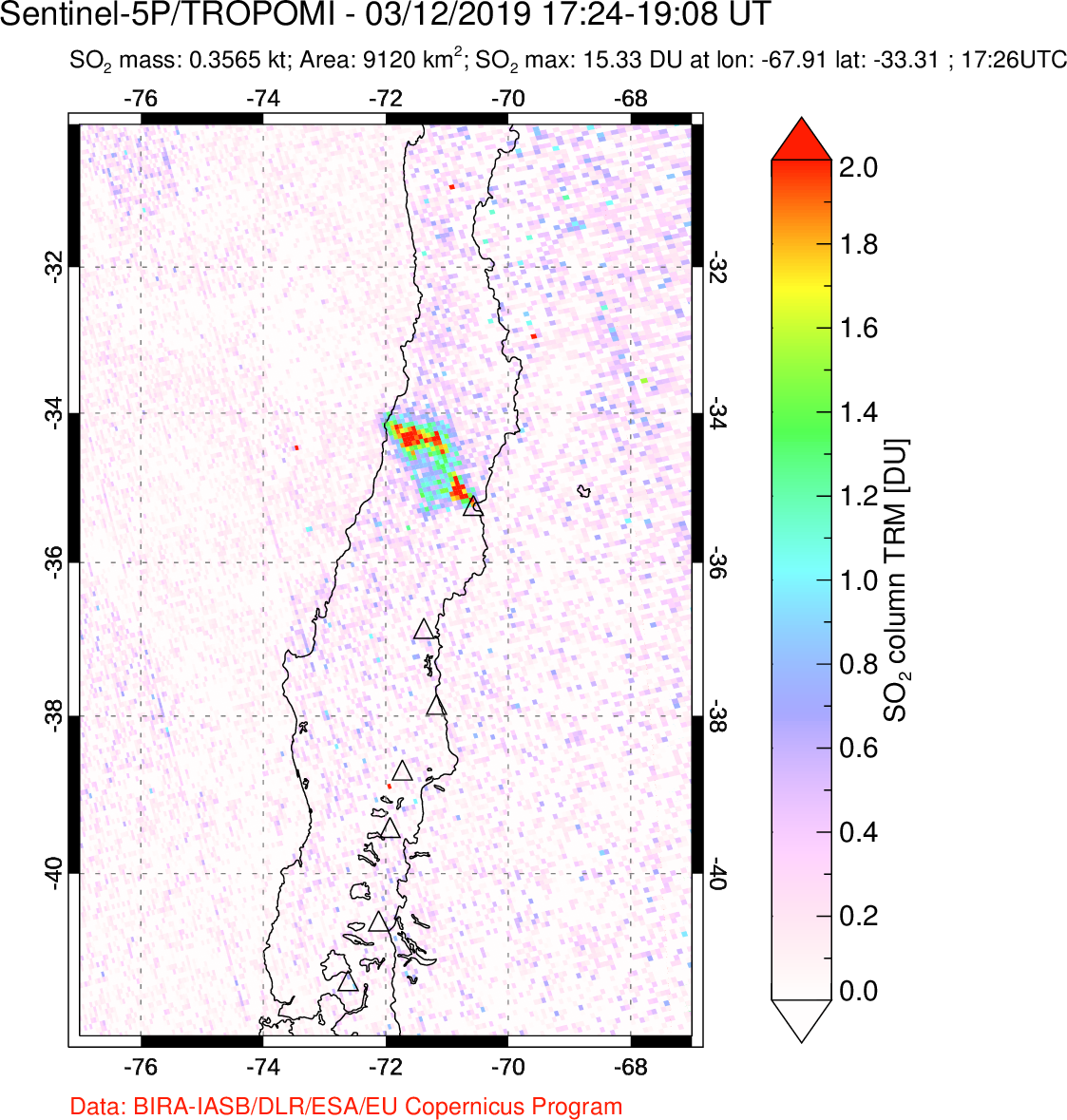 A sulfur dioxide image over Central Chile on Mar 12, 2019.