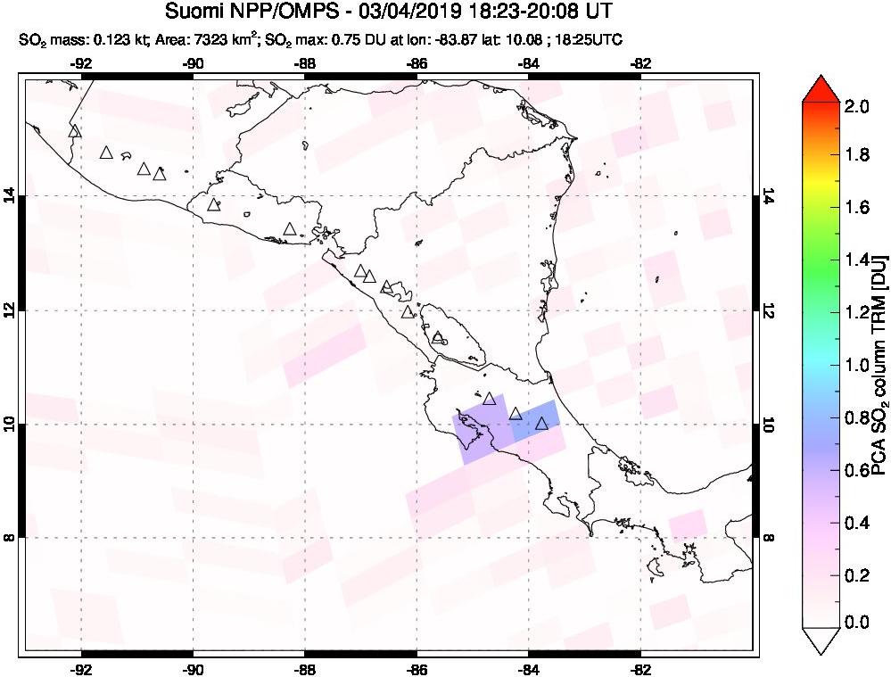 A sulfur dioxide image over Central America on Mar 04, 2019.
