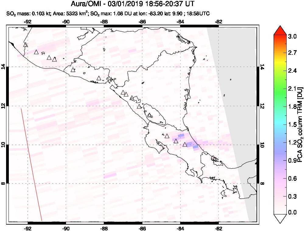 A sulfur dioxide image over Central America on Mar 01, 2019.