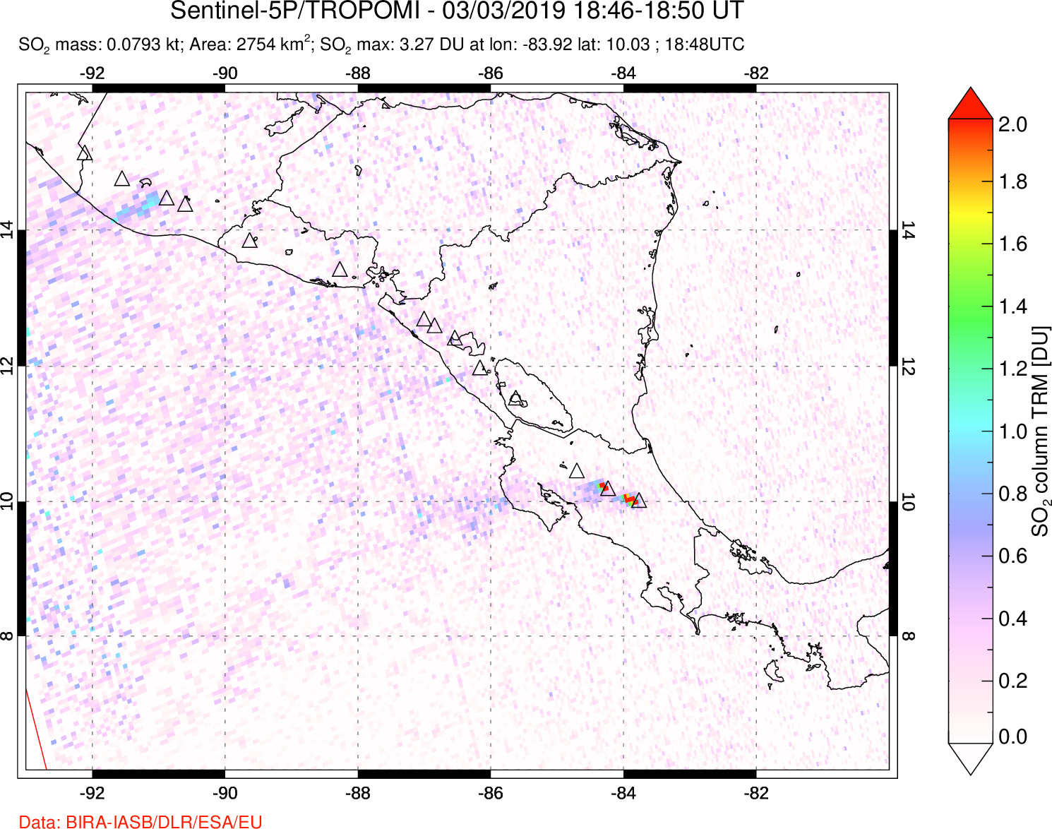 A sulfur dioxide image over Central America on Mar 03, 2019.
